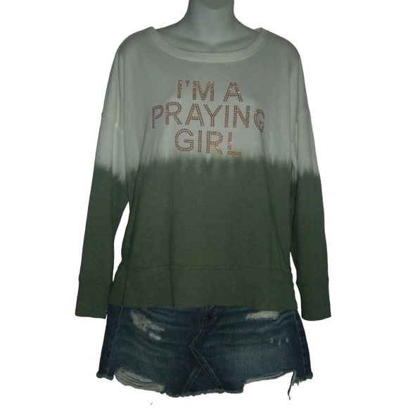 a.n.a Sweatshirt I'm A Praying Girl Army Green Dip Dye Studded Tie Beach Boho L - Picture 1 of 5